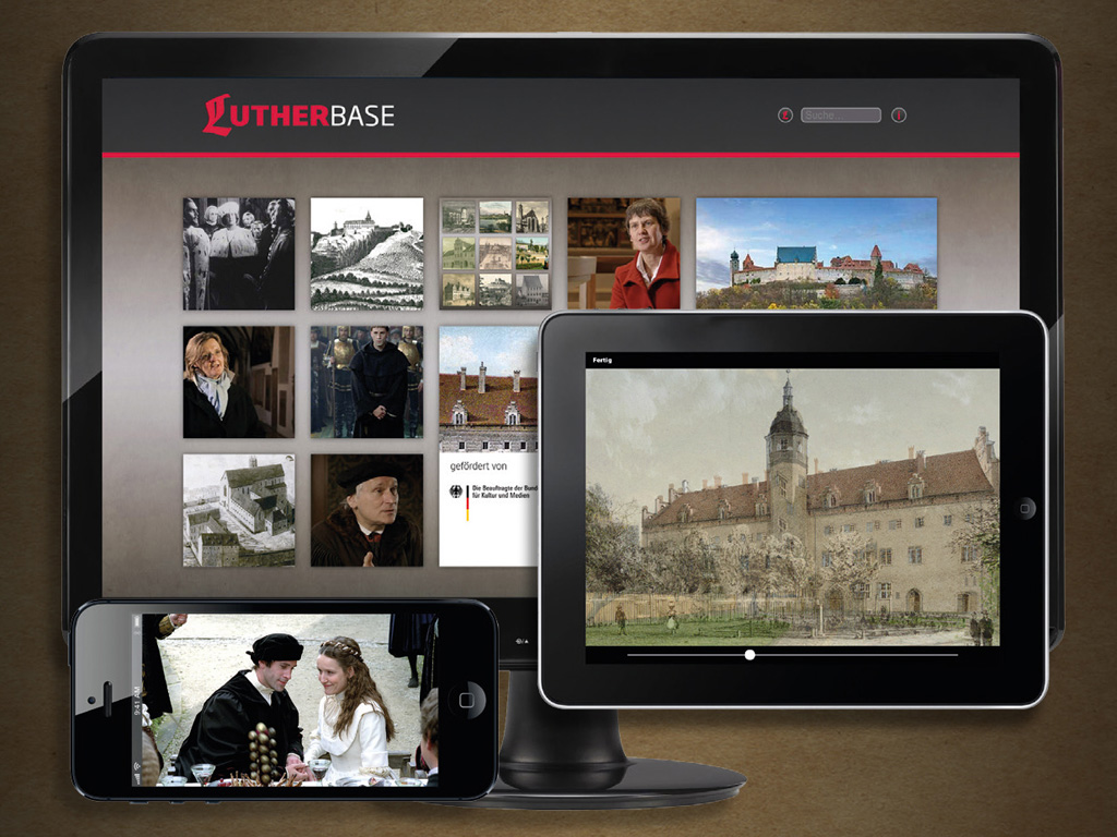 Werbegrafk mit Darstellungen des Lutherbase-Projekts auf den unterstützten Geräten: Arbeitsplatzrechner, Tablet, SmartPhone